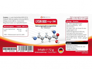 Primedical dietary supplement LYSINE 800mg 60 capsules